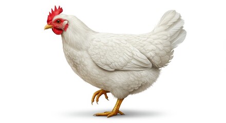 Fototapeta premium White Hen Poultry Farm Animal - A single white hen standing on a white background. Perfect for agricultural, farming, and food-related projects