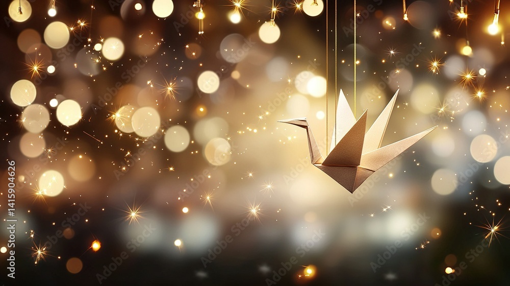 Poster an origami bird dangles from a golden string against a blurred backdrop of glowing lights
