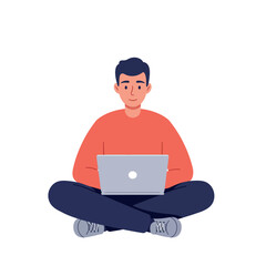 Young man sitting cross-legged working on laptop wearing casual clothes flat design vector illustration