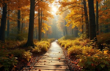 Wooden path leads into autumn forest, illuminated by sunlight. Golden foliage covers trees creating beautiful landscape, inviting adventure. Perfect for travel, hiking, nature, outdoor, environmental