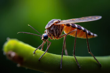 Close-Up Tropical Mosquito on Branch: Jungle Background, Vivid Lighting, Intricate Textures, Abstract Biological Image