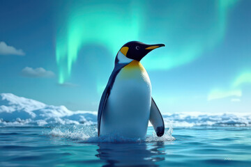 Fototapeta premium Antarctic Emperor Penguin Glides Under Aurora Skies: Photoreal Nature Art with High Detail Feathers and Immersive Lighting