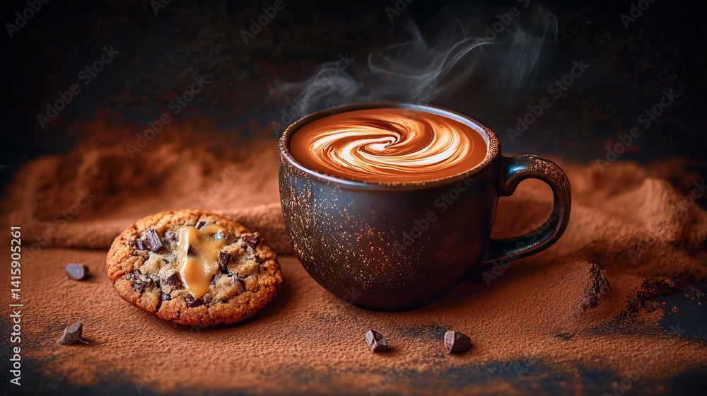 Poster hot chocolate with latte art and a cookie sit atop a table covered with cocoa powder, displaying war