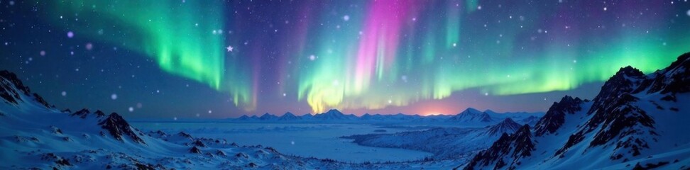 Sparkling aurora borealis over cosmic landscape, stardust, galaxy, glitter