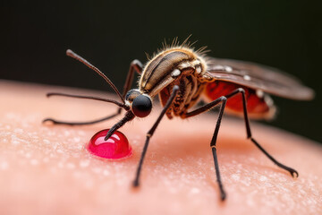 Fototapeta premium Mosquito Mid-Bite Close-Up: Ultra-Detailed Textures, Photorealistic Lighting in Scientific Macro Photography