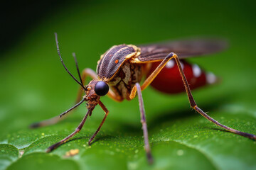 Fototapeta premium Stunning Photorealistic Blood-Fed Mosquito Close-Up: Vivid Wing Patterns & Glowing Eyes in Nature