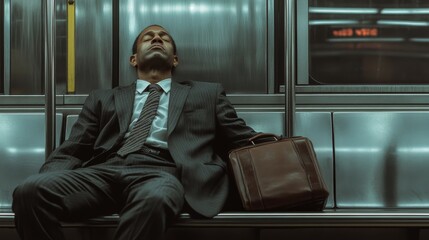 A man in a suit is sleeping on a subway bench. He is wearing a tie and carrying a briefcase