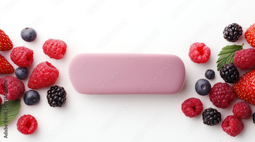 Poster a bar of soap surrounded by raspberries, blueberries, and raspberries on a white background can be o