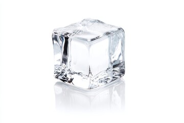 A clear ice cube sits on a reflective white surface, highlighting its texture.