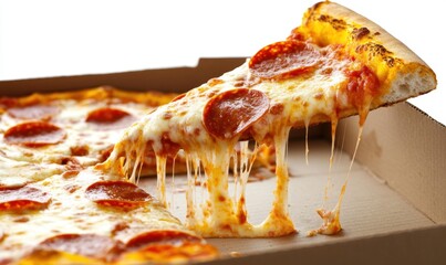 Delicious pepperoni pizza slice lifted from box, cheesy, white background; food photography
