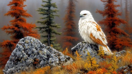 Image of Majestic bird perched on rock, autumn forest printed on Printed Glass Splashbacks