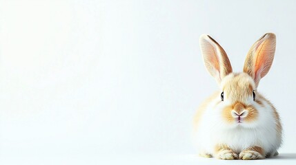 Obraz premium A brown and white rabbit faces the camera with surprise, sitting against a white backdrop