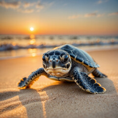 Close-up image of a baby sea turtle on a sandy beach at sunset. The small turtle faces the camera with its distinctive patterned shell and flippers.