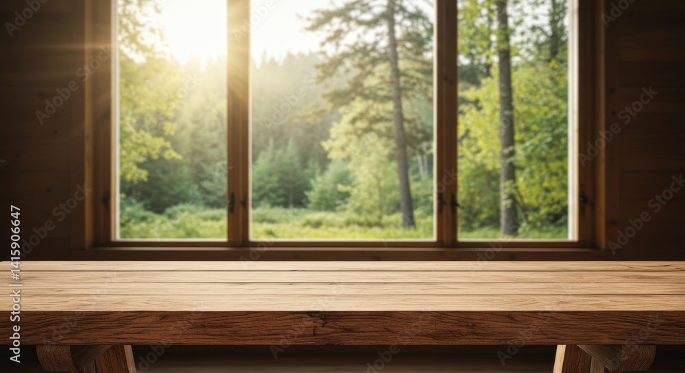 Poster wooden table by sunny window - rustic wooden table in front of a large window overlooking a sunlit f