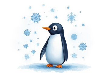 Obraz premium Artistic Watercolor Penguin with Floating Pastel Snowflakes: Whimsical Close-Up Composition