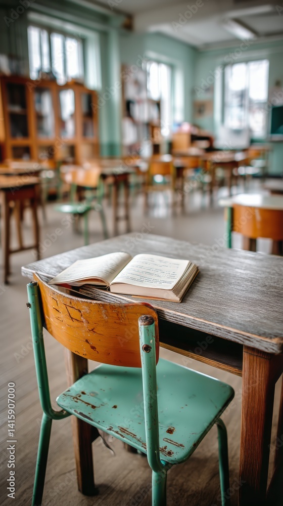 Poster desks and an open book in a vintage classroom setting during daylight hours