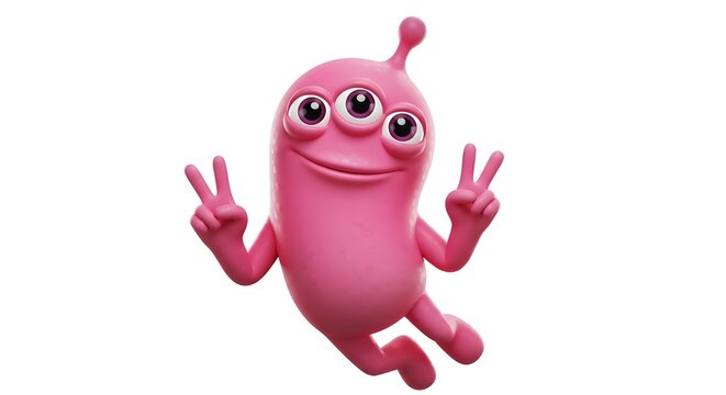 Friendly Cartoon Pink Alien with Three Eyes Giving Peace Signs