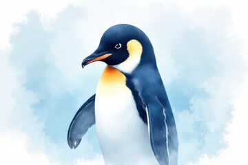 Fototapeta premium Penguin Watercolor Art: Soft Pastel Dreamscape with Faded Snowflakes and Fine Art Rendering
