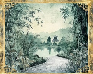 Serene Pagoda by the Lake with Bamboo and Mountains