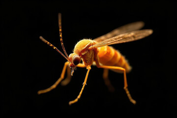 Fototapeta premium Close-Up Macro: Realistic Mosquito Trapped in Amber - Golden Detail, Black Background, Hyper-Real Fossil Vibe