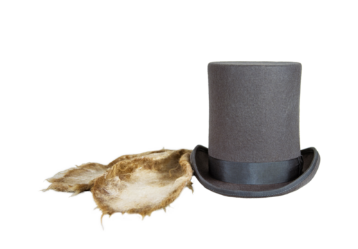 Felted  ears on a top hat.  White rabbit or march hare hat. Bunny ears attached to the top hat on wooden stand. Hatter Headdress for Alice in wonderland.