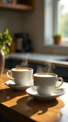 Obraz premium Steaming cups of coffee sit on a wooden table in a cozy kitchen with sunlight streaming through the window