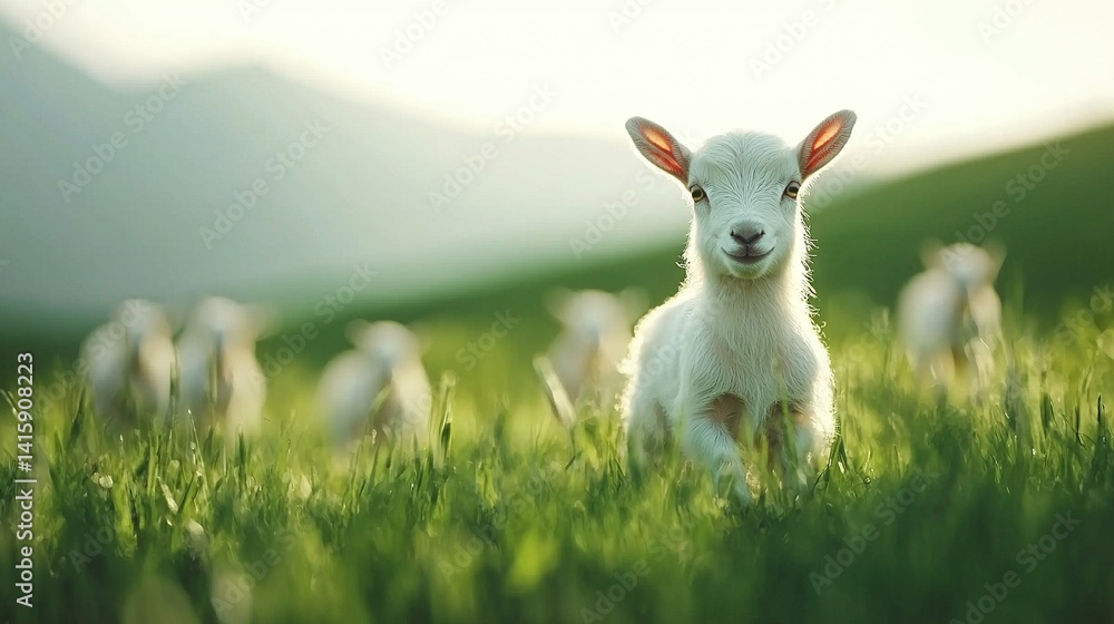 Aufkleber a close-up of a goat in a field of grass with a mountain in the background
