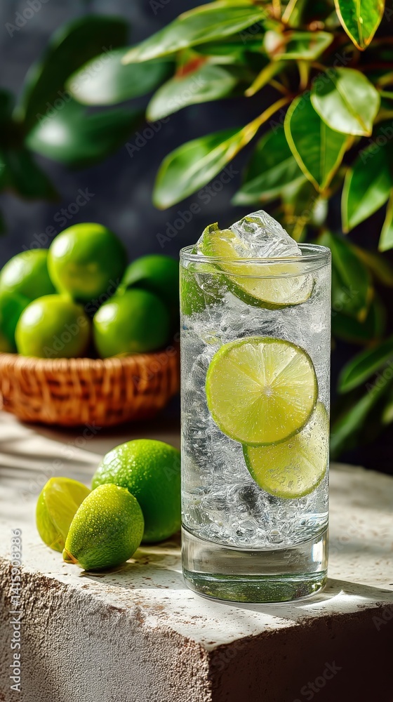 Poster refreshing drink with lime and ice surrounded by fresh limes in a bright setting