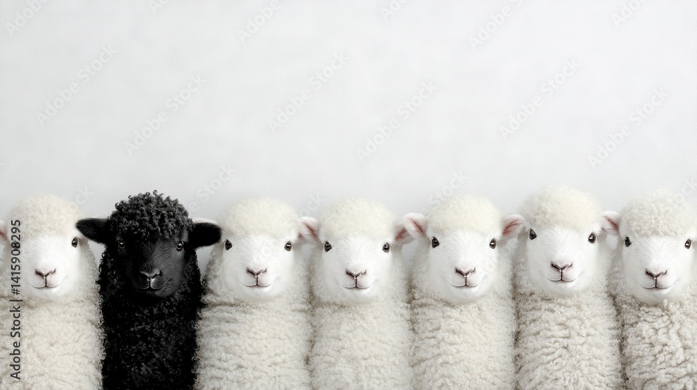 Poster a line of sheep standing together in front of a black sheep in the center of a row