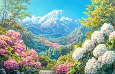 Springtime mountain path, vibrant flowers, Fuji.  Possible use Background