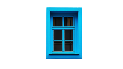 A rectangular glass window within a sturdy  blue frame, often made of metal providing clear visibility while offering support and structure isolated on white background or transparent png 