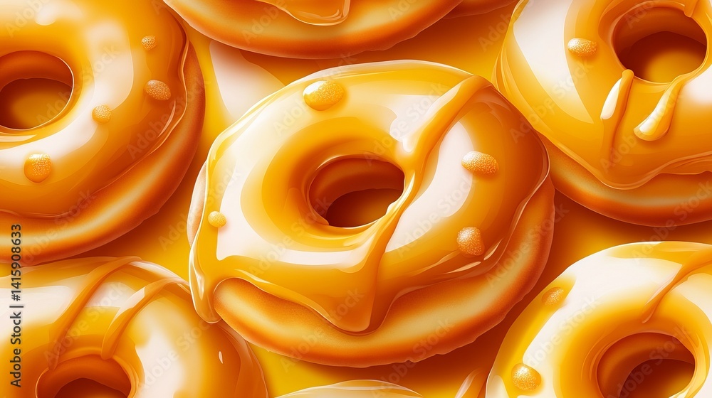 Poster several sweet donuts with caramel glaze toppings are displayed on a yellow surface, creating a visua