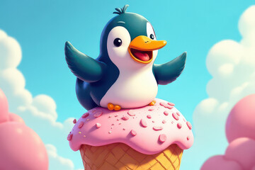 Fototapeta premium Whimsical Cartoon Penguin Riding Giant Ice Cream Wave: Joyful Kids Illustration Concept