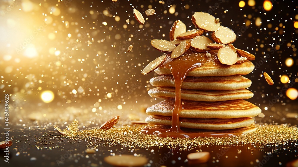 Poster stack of pancakes dripping with caramel and sliced almonds sits against a glittering golden backgrou