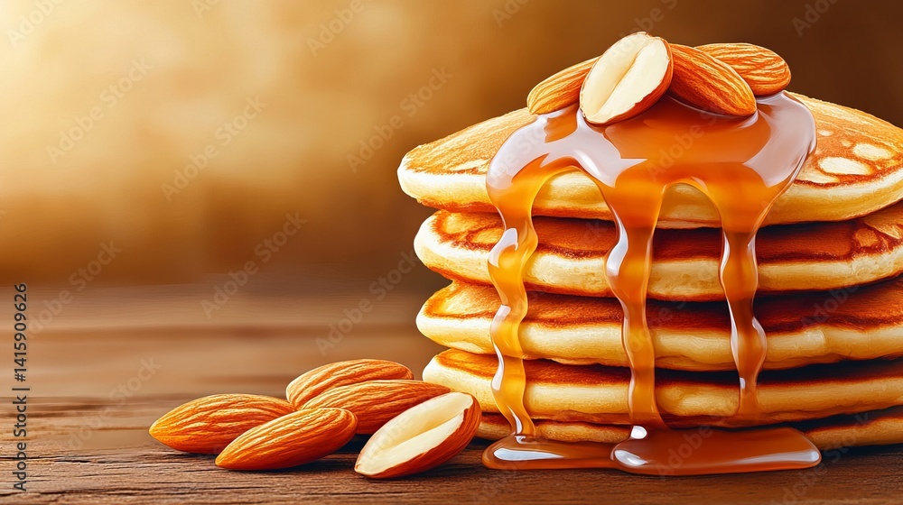 Poster stack of pancakes drizzled with syrup and topped with almonds sits on a wooden surface.