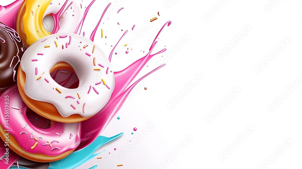 Poster stacked donuts are arranged with pink and turquoise liquid splashes on a bright white backdrop, crea