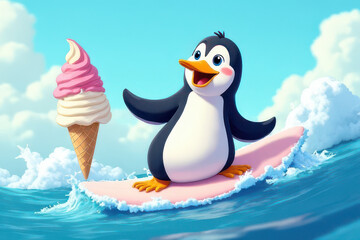 Naklejka premium Happy Cartoon Penguin Surfing Giant Ice Cream Wave: Colorful Kids Illustration Style