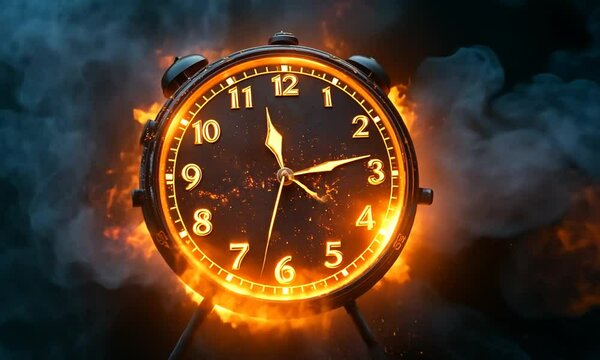 A glowing alarm clock surrounded by fiery explosions and smoke, symbolizing urgency and time