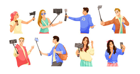Fototapeta premium Group of diverse young people using smartphones, selfie sticks, and vlogging cameras, cartoon style on white background. Concept of influencers. Vector illustration