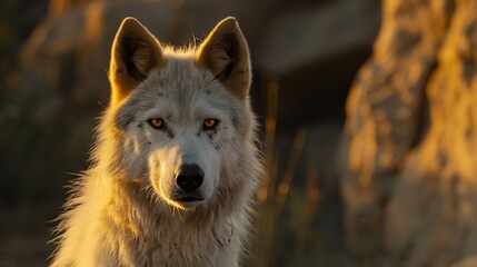 Obraz premium Close up golden hour portrait of dog gazing into the sunset fur softly illuminated