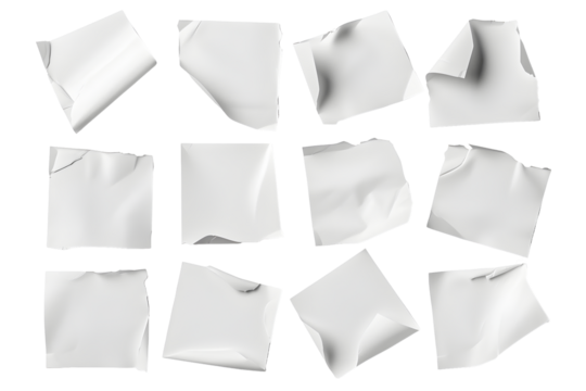 Set of white torn ripped paper pieces sheets isolated on transparent background. PNG, cutout.