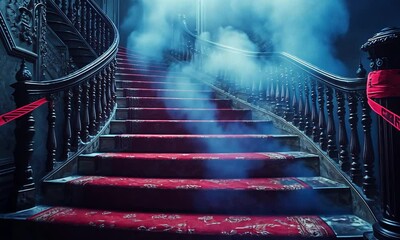 A haunting staircase in an abandoned mansion, shrouded in fog with caution tape warning of danger
