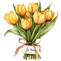 Mothers day bouquet illustration with yellow tulips flowers and " for Mom " sign or tag, isolated on transparent background. Valentines, womens day, birthday, spring concept. PNG, cutout.