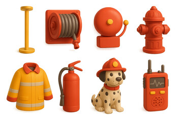 3D firefighting equipment collection : jacket, hose, alarm, and hydrant with dog