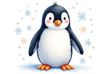 Fototapeta premium Watercolor Penguin Illustration: Soft Pastel Tones, Abstract Snowflakes, Dreamy Aesthetic, High-Resolution Midjourney Render
