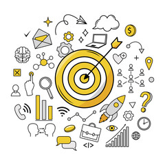 Obraz premium Yellow and black business strategy icons surrounding a bullseye target with arrow, modern line art style on white background. Concept of success. Vector illustration