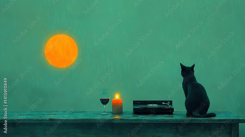 Poster a black cat sits on a table beside a glass of wine and a record player with a candle in front of it