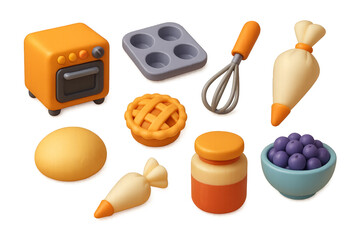 3D baking tools and ingredients: oven, pie, mixers, and decorations