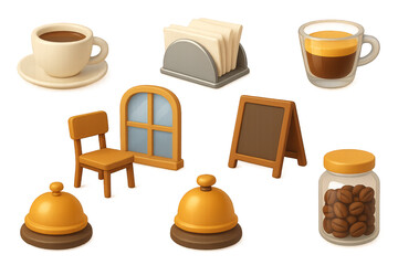 3D Coffee shop essentials: cups, beans, decor, and furniture items