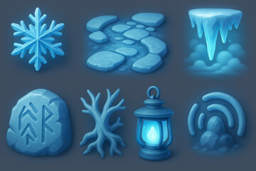 3D Winter-themed icons: snowflake, ice path, icicle, runestone, branch, lantern, signal